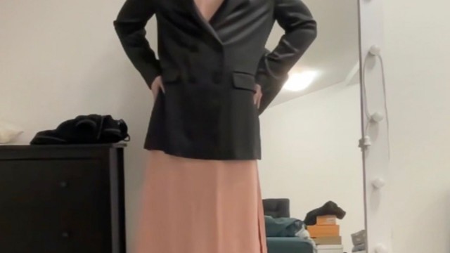 Satin silk beige dress, red trousers and black jacket sissy