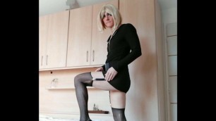 Sexy Crossdresser Vinyl Skirt Black Stockings High Heels
