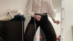 Crossdresser tranny palazzo wideleg fetish trousers, satin silk blazer, white office ruffled blouse and high heels boots
