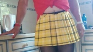 Mini pleated skirt and my clit sticking out