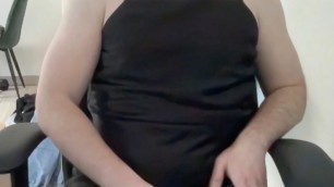 Crossdresser in the black maxi satin silk dress showing big cock and thinking about anal sex and blowjobs in office