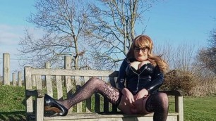 Crossdressing Tranny Slut Playing on a Park Bench