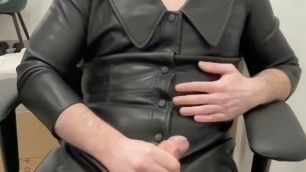 Tranny in the leather BDSM schoolgirl dress jerk and cum
