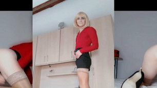 Hot Crossdresser Vinyl Skirt High Heels Stockings Ass