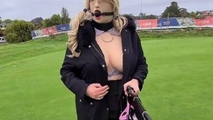 Gagged sissy flashing on a golf course
