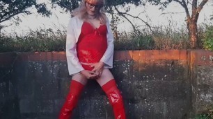 Tranny in Red Lingerie Playing Outdoors