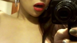 Mirrored selfie video showing off her big tranny tits and her hard ladyboy cock