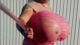 Public Outdoor Walk With Huge Tits in a Fishnet Dress and Overknee High Heels - Crossdresser Sissy Half Naked in Fetish