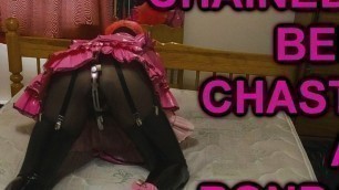 Sissy Maid Chained to Bed in Chastity, Gagged and Leather Bondage Mitts Handcuffed on
