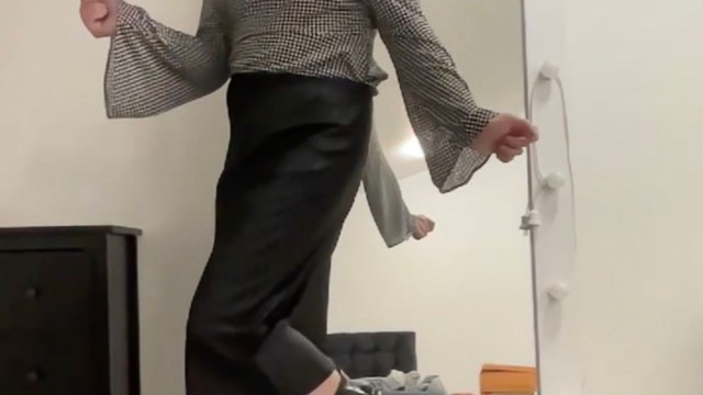 Office secretary flare blouse and satin silk skirt slut
