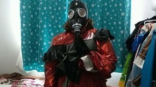 Sissy Maid With Gasmask, Breathplay, Red Dress, Vibrator