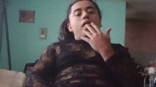 Sexy femboy jerks in transparent dress