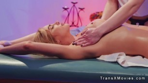 Shemale couple fuck busty blonde masseuse at the resort